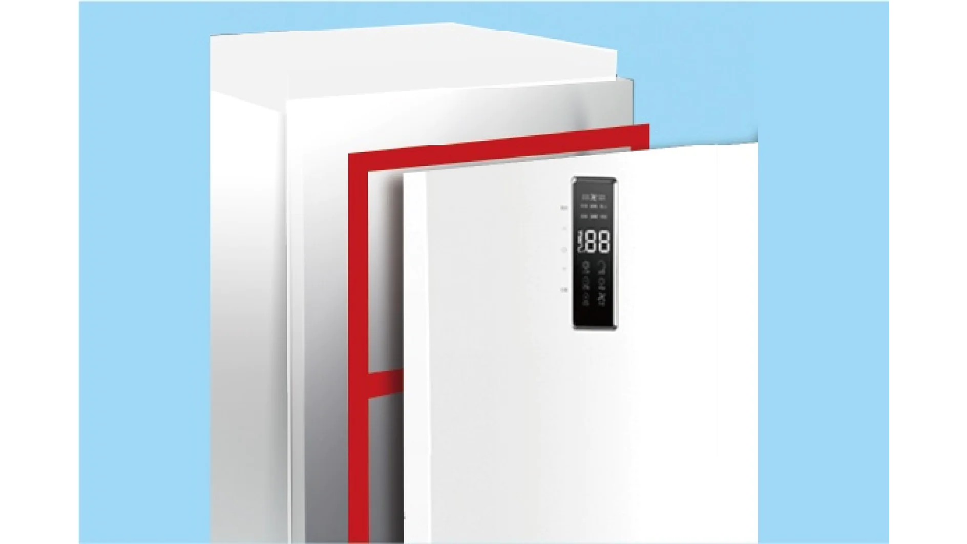 A close-up of a modern white refrigerator door slightly ajar, featuring a digital display panel with numbers on the front. The background is light blue, and a red seal made from tesa tape is visible around the inside edge of the door. (This text has been generated by AI)