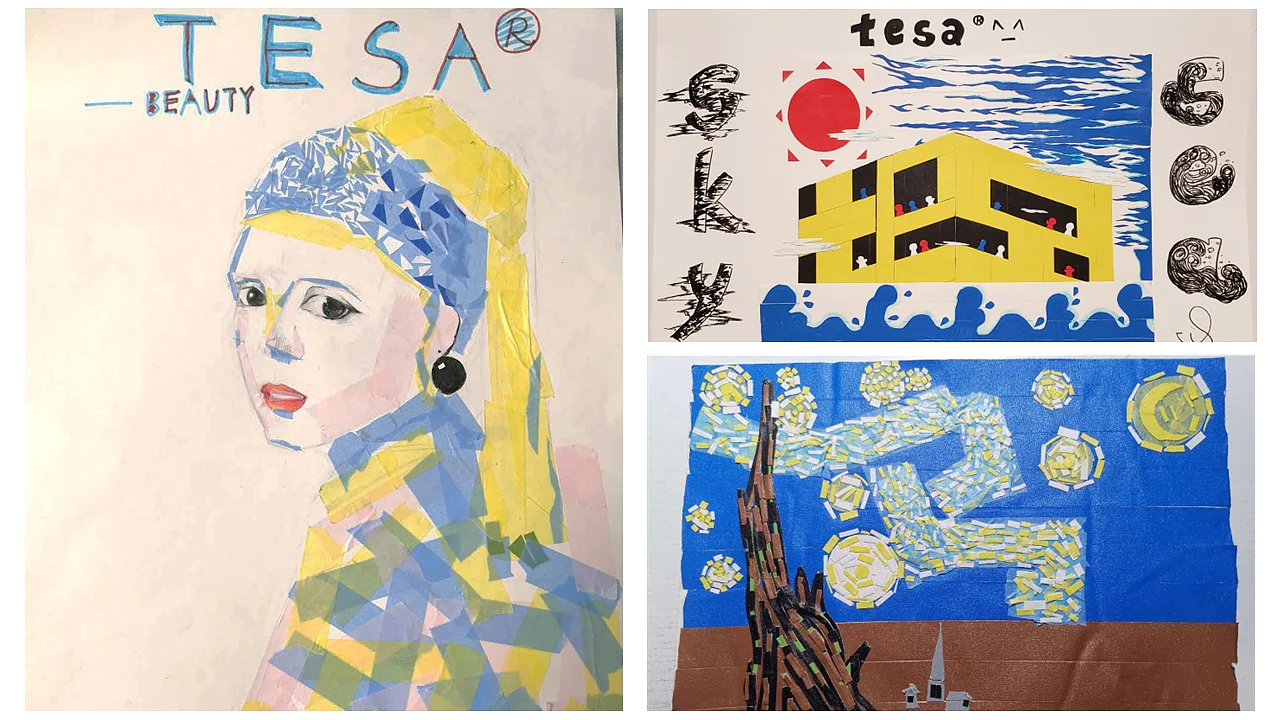 Left image: A collage of a girl wearing a headscarf and earring, labeled tesa Beauty. Top right: An abstract yellow building under a red sun, labeled tesa tape. Bottom right: A mosaic resembling Starry Night with swirling stars. (This text has been generated by AI)