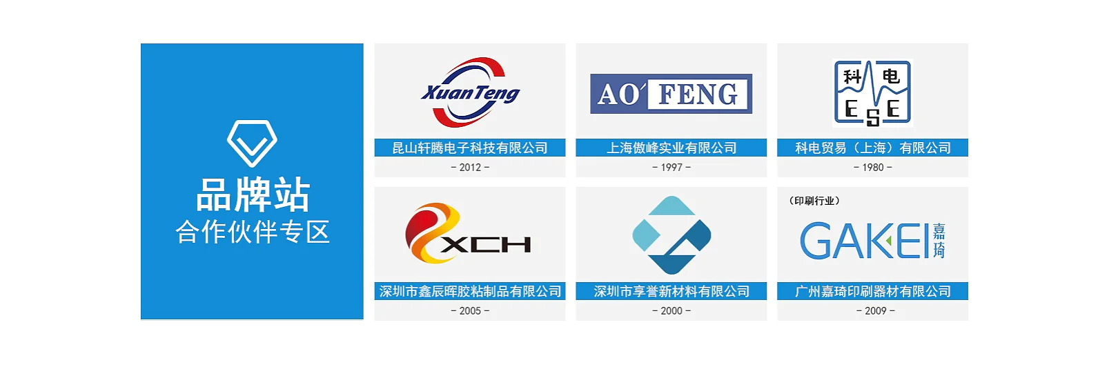 A grid displays six logos with Chinese text and years: Xuan Teng (2010), AO FENG (2011), a third with a stylized letter, XCH (2010), a logo with a geometric shape (2011), and GAKEL (2011). A blue section on the left features more text, along with a hexagon symbol. The logos are prominently displayed using tesa tape to ensure they remain securely in place. (This text has been generated by AI)