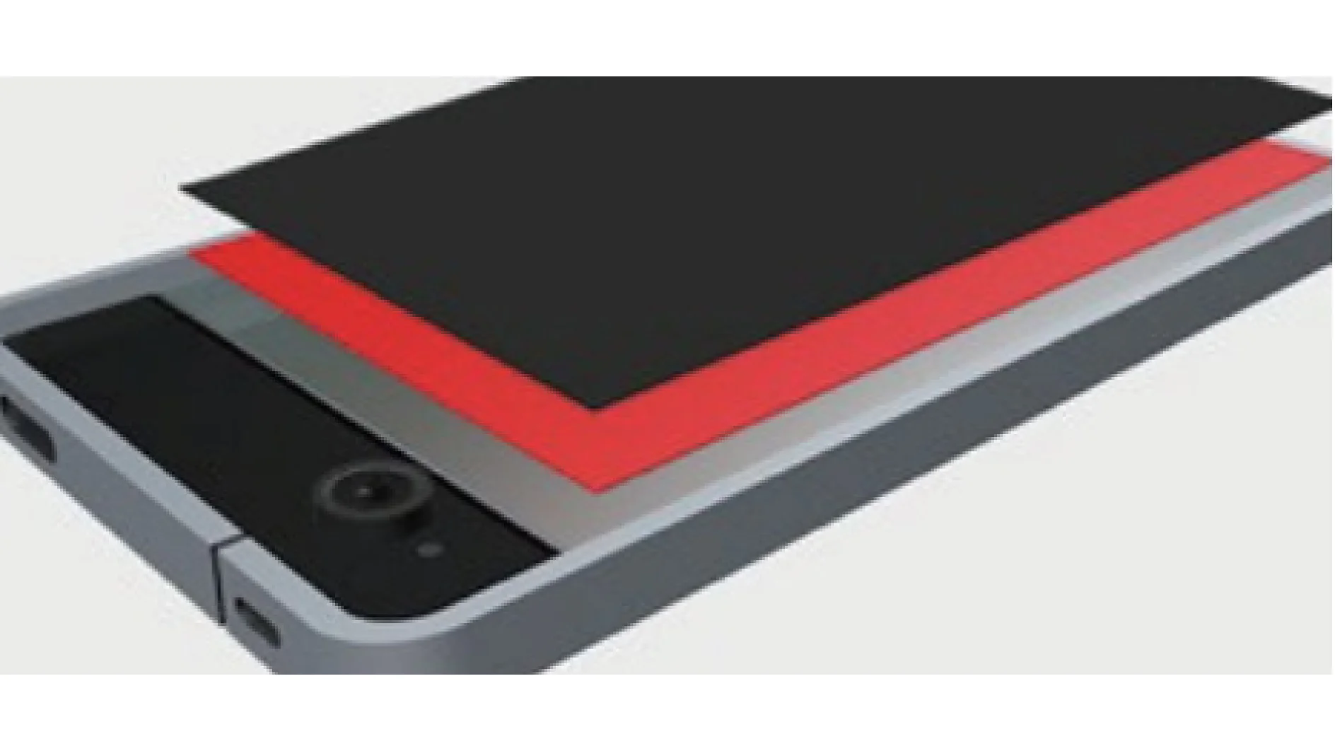 A smartphone lies partially disassembled on a surface, showing its screen layers. A black layer and a red layer of tesa tape are stacked on top of the phone, exposing the front-facing camera and side buttons. The background is plain white. (This text has been generated by AI)