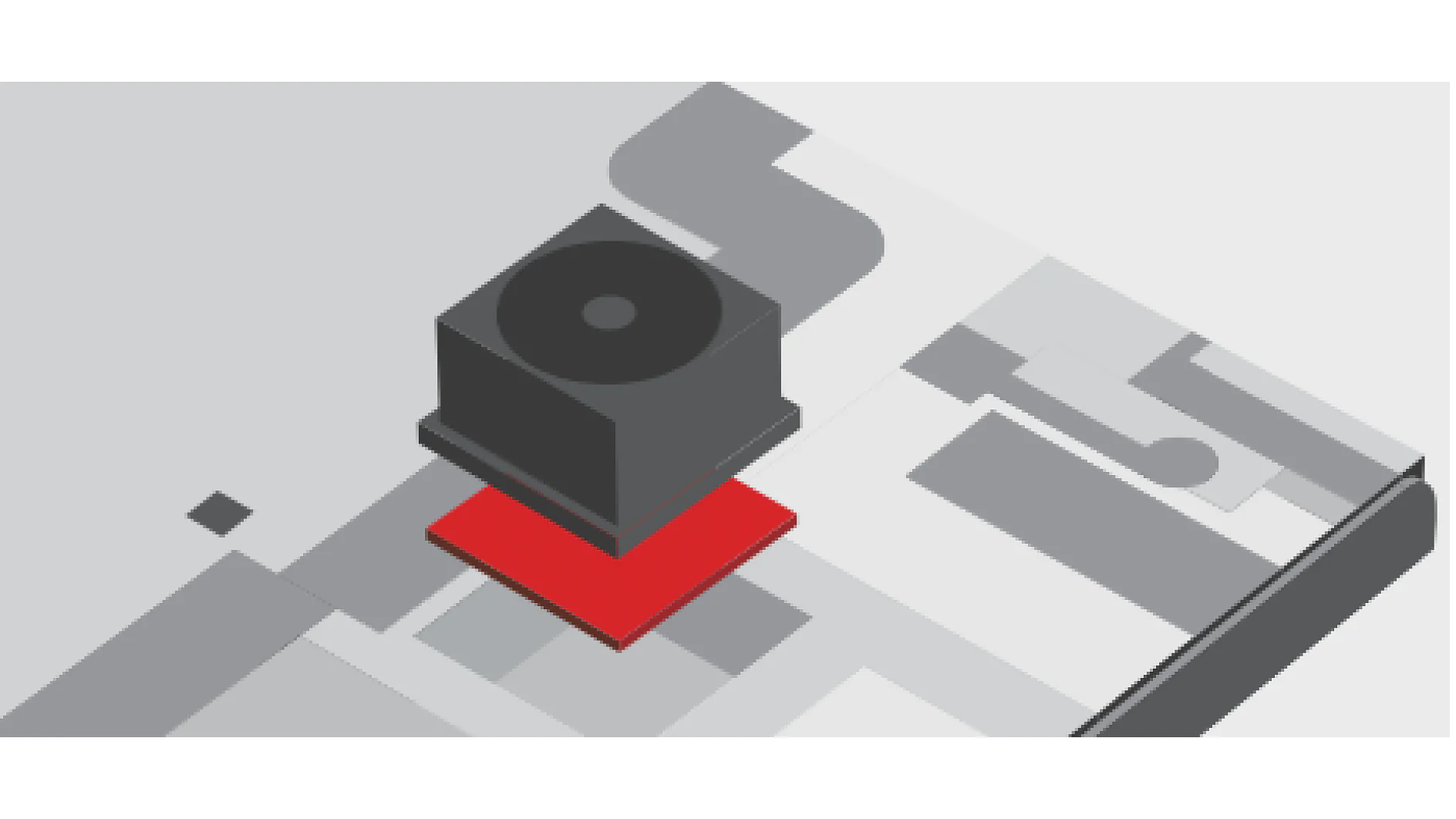 Illustration of an abstract geometric design with a gray background. It features a black cube on top of a red square, with various gray rectangular shapes surrounding them, creating a layered appearance using tesa tape. (This text has been generated by AI)