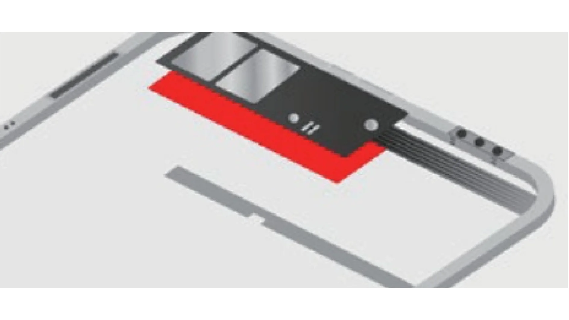 Illustration of a smartphone internal design showing a rectangular camera module with dual lenses, alongside a red and black component on the top edge, secured with tesa tape. The device is displayed at an angle with part of the screen visible. (This text has been generated by AI)