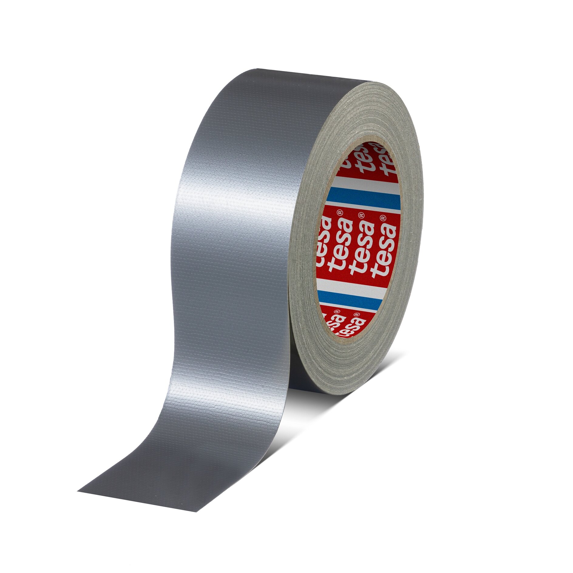 A roll of silver tesa tape with a partially unspooled end. The inner side of the roll shows red branding with white text, indicating the brand name multiple times. The tesa tape is positioned on a plain white background. (This text has been generated by AI)