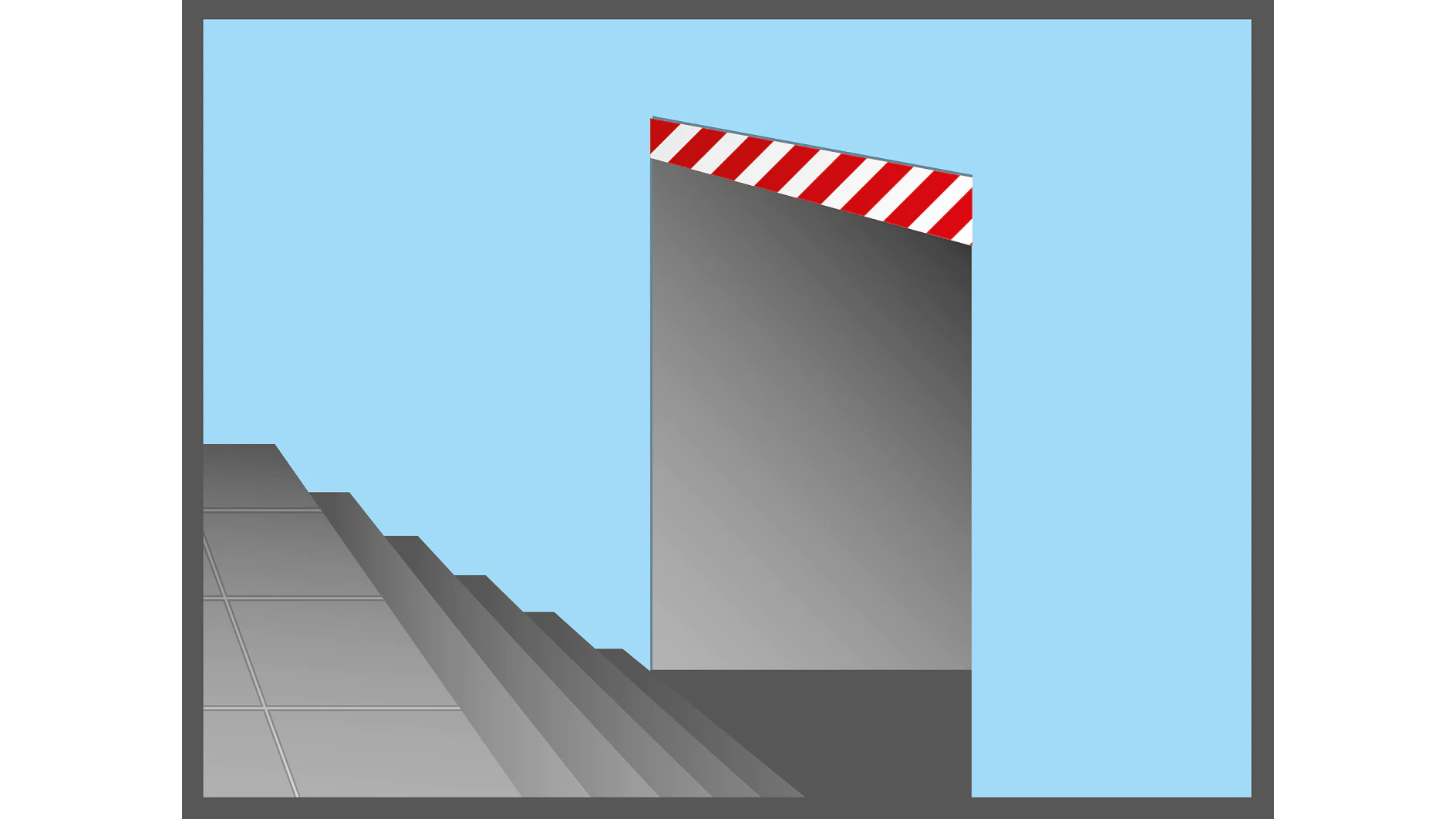 Illustration of a flight of stairs descending toward a dead end with a striped red and white barrier, made from tesa tape, blocking the exit. The walls are light blue, and the stairs and tesa tape barrier create a stark contrast. (This text has been generated by AI)