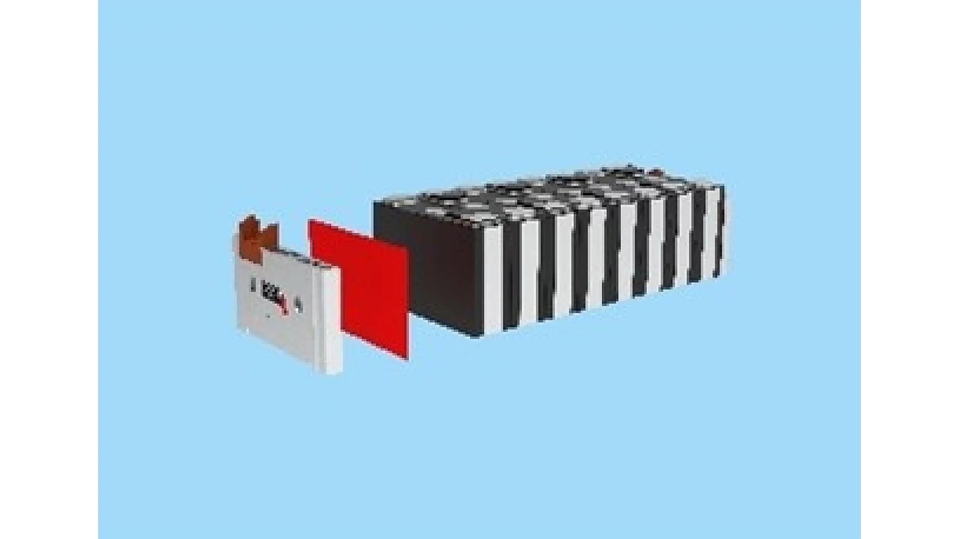 Illustration of a battery cell exploded view. A rectangular block is shown with layers including a red sheet and multiple black and white segments, all held together by tesa tape, against a light blue background. (This text has been generated by AI)