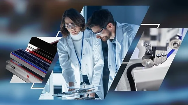 Collage of images: two scientists in lab coats working together, close-up of colorful data cables secured with tesa tape, and a detailed view of scientific equipment held together using tesa tape. The background is a blurred mix of blue and gray tones. (This text has been generated by AI)