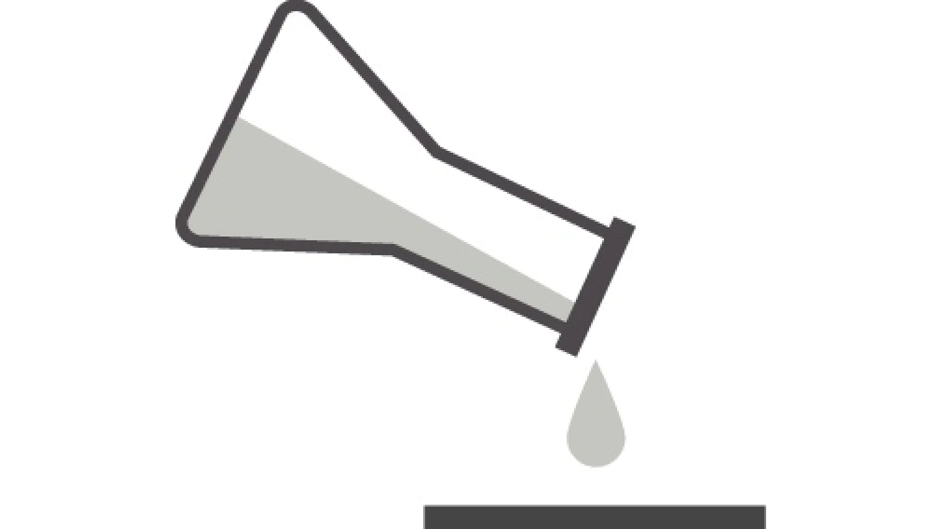 Illustration of a tilted laboratory flask with liquid pouring out, forming a droplet. The flask is gray with a dark outline. The droplet is falling toward a gray horizontal line at the bottom. (This text has been generated by AI)