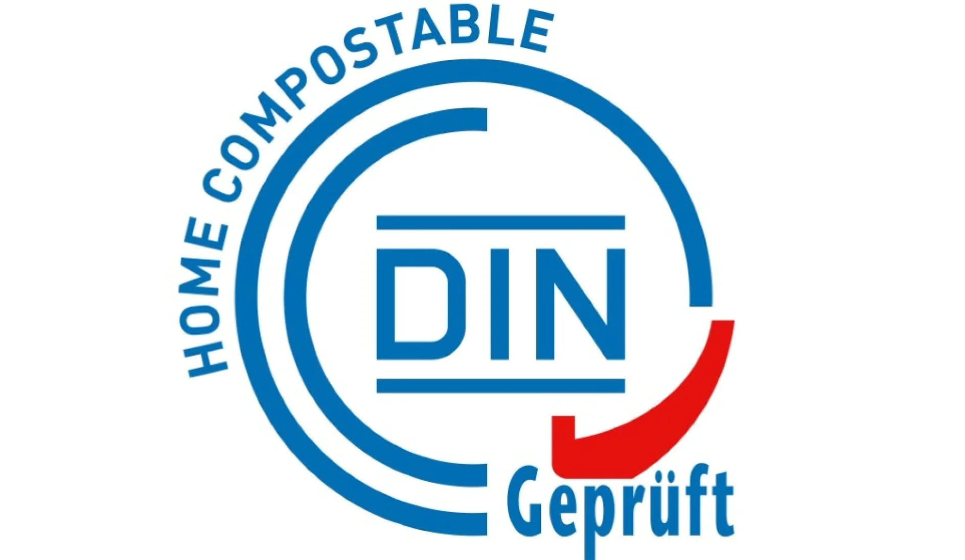 Circular logo with blue text reads HOME COMPOSTABLE DIN Geprüft. The design features a blue circular outline with DIN in the center, accompanied by a red curved line below the word Geprüft. (This text has been generated by AI)