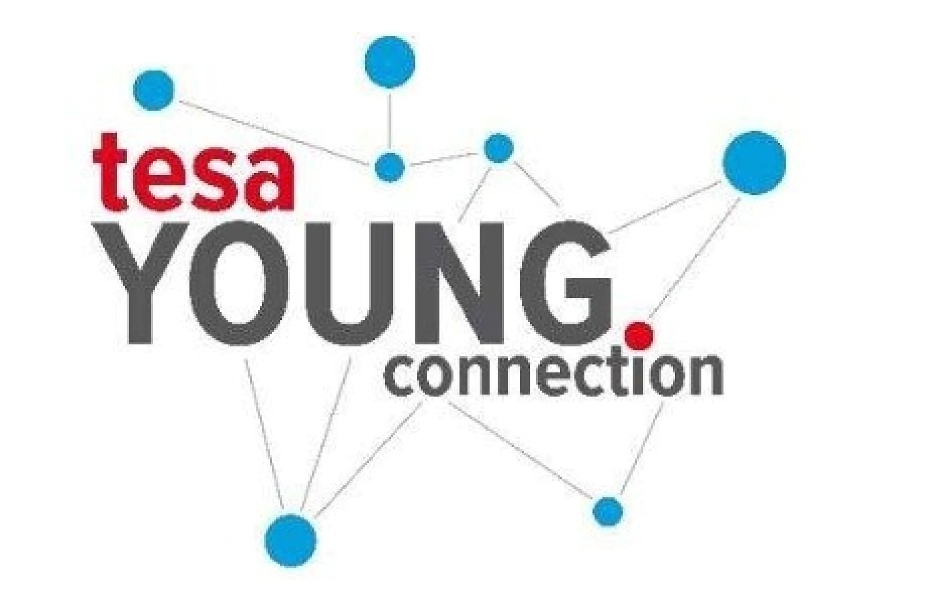 Logo for tesa YOUNG connection with the text in black and red. Blue dots connected by lines are dispersed around the text, resembling a network or constellation. (This text has been generated by AI)