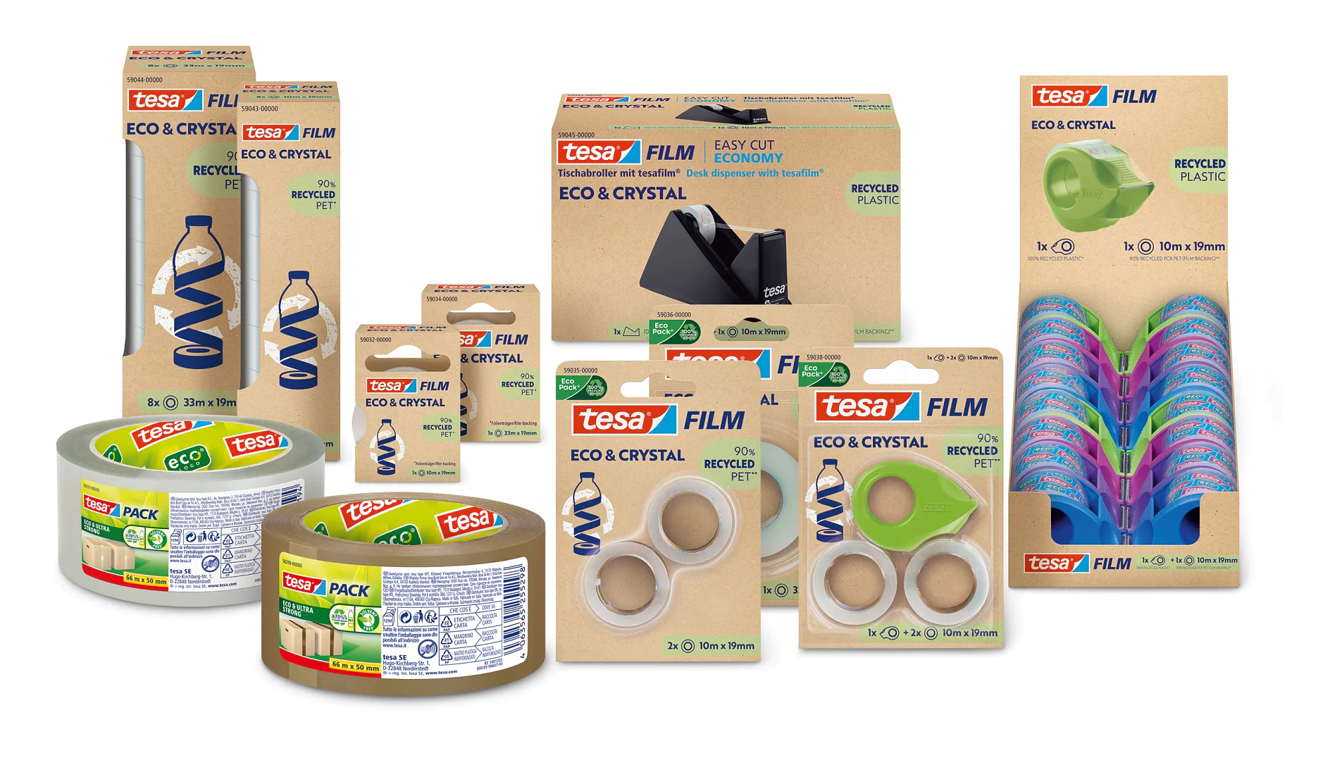 A collection of tesa tape adhesive products is displayed, featuring various sizes and packaging. Some items are in cardboard boxes, while others are in plastic. Labels indicate eco-friendly and recycled materials. (This text has been generated by AI)