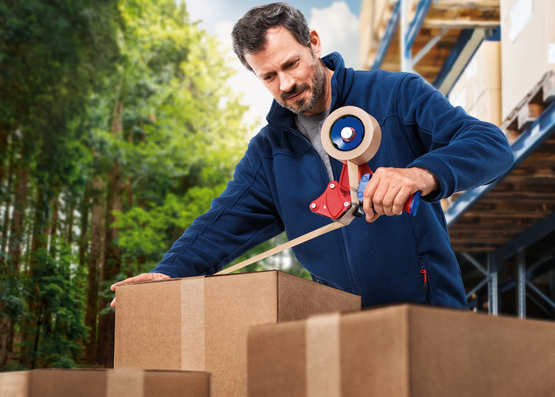 A man wearing a blue jacket is sealing a cardboard box with tesa tape in a warehouse. Shelves with more boxes are in the background, and trees are visible through an opening, indicating an outdoor area nearby. (This text has been generated by AI)